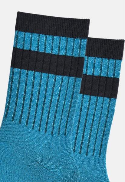 Women's Glitter Socks - Teal and Black Stripe Cuff
