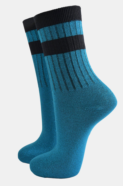 Women's Glitter Socks - Teal and Black Stripe Cuff