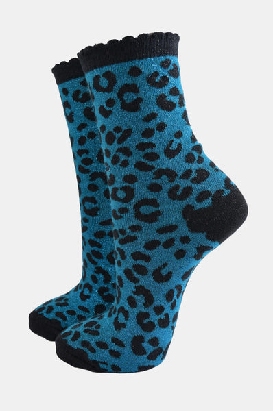 Women's Glitter Socks - Teal and Black Leopard Print