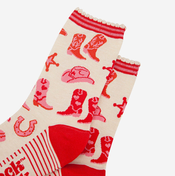 Women's Bamboo Socks - Cream and Red Cowgirl