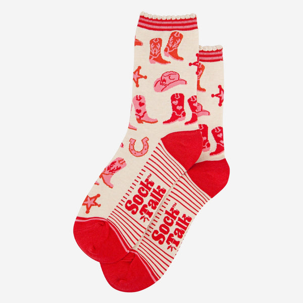 Women's Bamboo Socks - Cream and Red Cowgirl
