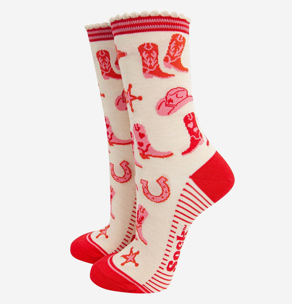 Women's Bamboo Socks - Cream and Red Cowgirl