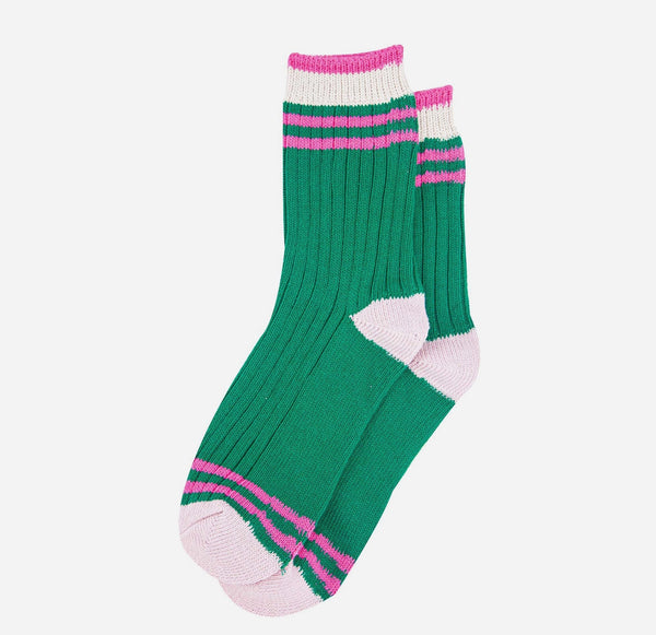Women's Mid-Calf Socks- Green and Pink Striped Cuff