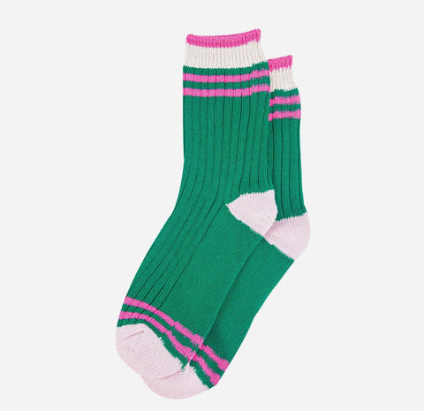 Women's Mid-Calf Socks- Green and Pink Striped Cuff