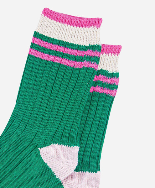 Women's Mid-Calf Socks- Green and Pink Striped Cuff