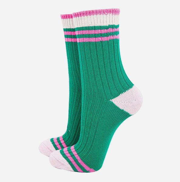 Women's Mid-Calf Socks- Green and Pink Striped Cuff