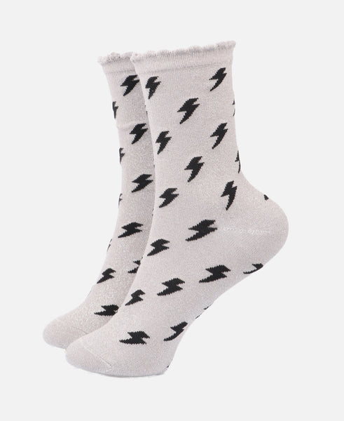 Light Grey Black Lightning Glitter Socks with Scalloped Cuff