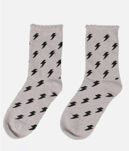 Light Grey Black Lightning Glitter Socks with Scalloped Cuff