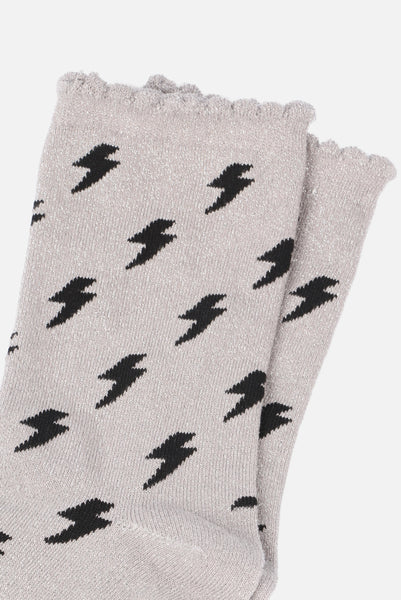 Light Grey Black Lightning Glitter Socks with Scalloped Cuff