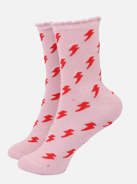 Women's Light Pink and Red Lightning Glitter Socks