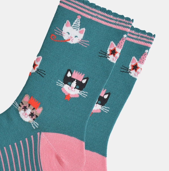 Women's Bamboo Socks - Green and Pink Party Cats