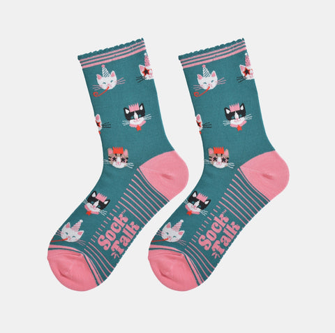 Women's Bamboo Socks - Green and Pink Party Cats
