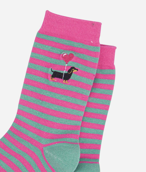 Women's Embroidered Sausage Dog Ankle Socks- Pink and Green Stripe