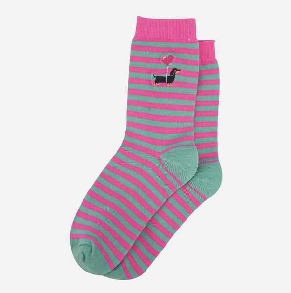 Women's Embroidered Sausage Dog Ankle Socks- Pink and Green Stripe