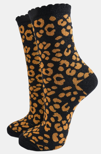 Women's Glitter Socks - Orange and Black Leopard Print