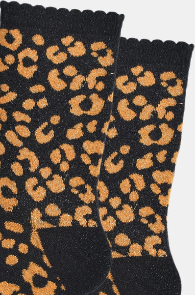 Women's Glitter Socks - Orange and Black Leopard Print