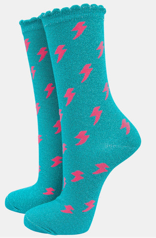 Women's Glitter Socks Pink Lightning Bolt On Aqua