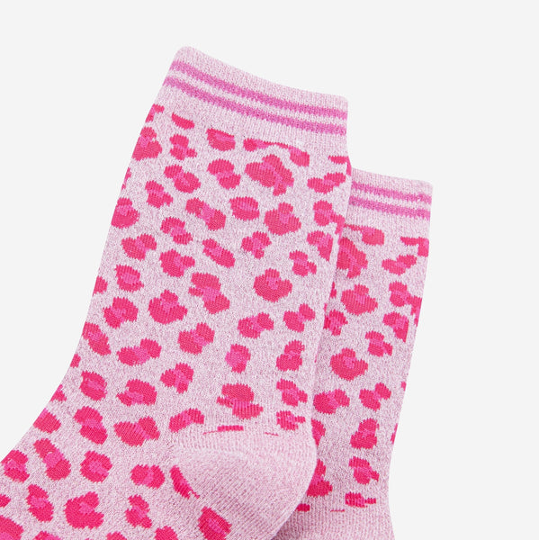 Women's Glitter Socks - Pink Leopard Print - Inspired 