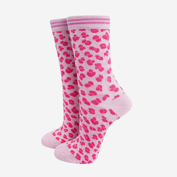 Women's Glitter Socks - Pink Leopard Print - Inspired 