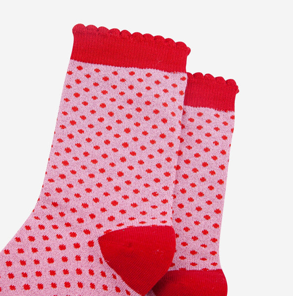 Women's Pink and Red Polka Dot Glitter Socks