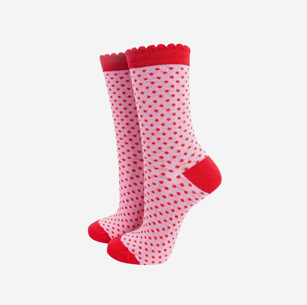 Women's Pink and Red Polka Dot Glitter Socks