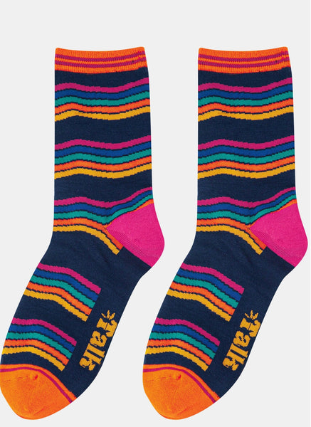 Women's Navy and Rainbow Stripe Bamboo Socks