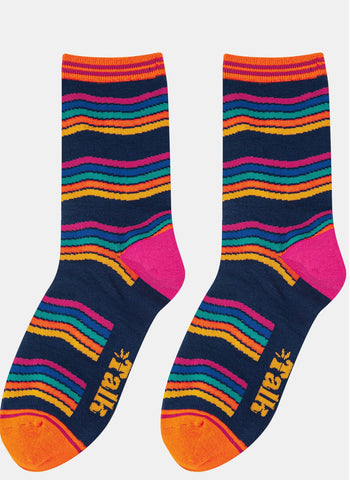 Women's Navy and Rainbow Stripe Bamboo Socks