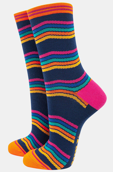 Women's Navy and Rainbow Stripe Bamboo Socks