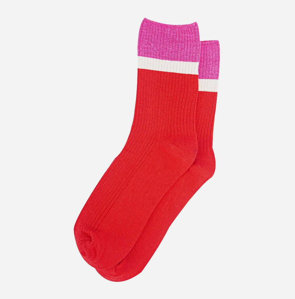 Women's Mid-Calf Socks- Red and Pink Contrast Cuff
