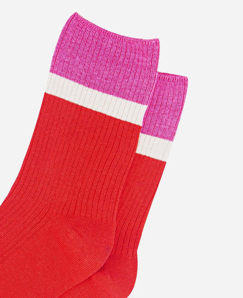 Women's Mid-Calf Socks- Red and Pink Contrast Cuff