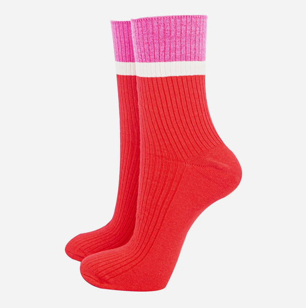 Women's Mid-Calf Socks- Red and Pink Contrast Cuff