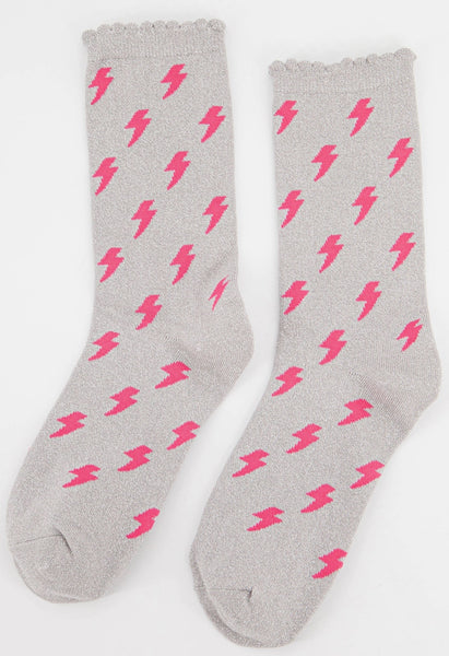 Women's Glitter Socks Pink Lightning Bolt On Silver - Inspired 