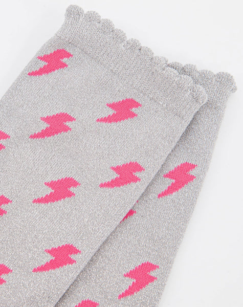 Women's Glitter Socks Pink Lightning Bolt On Silver - Inspired 