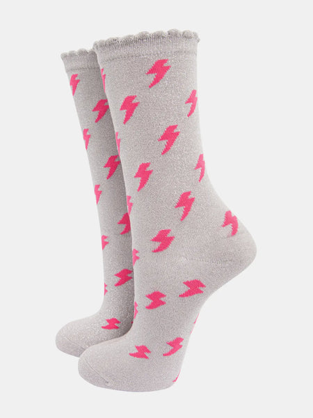 Women's Glitter Socks Pink Lightning Bolt On Silver - Inspired 