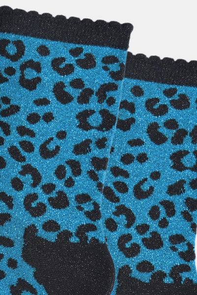 Women's Glitter Socks - Teal and Black Leopard Print