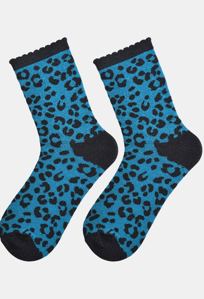 Women's Glitter Socks - Teal and Black Leopard Print