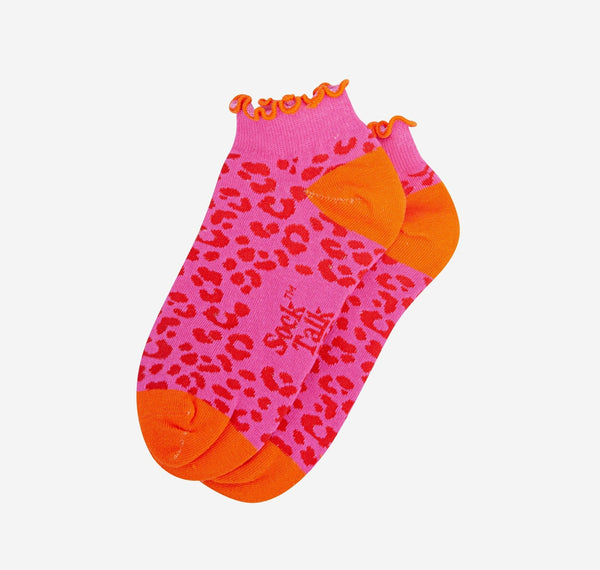 Women's Pink Leopard Print Frilled Cuff Trainer Socks