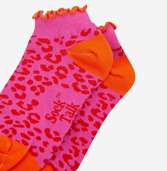 Women's Pink Leopard Print Frilled Cuff Trainer Socks