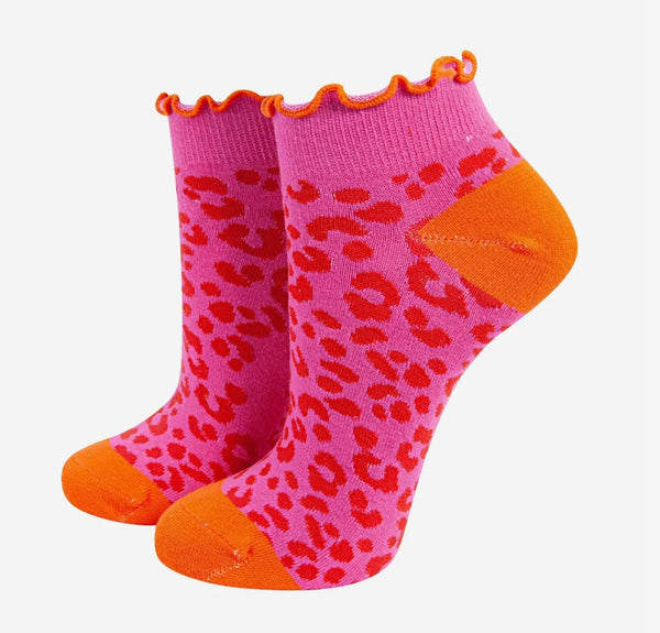 Women's Pink Leopard Print Frilled Cuff Trainer Socks