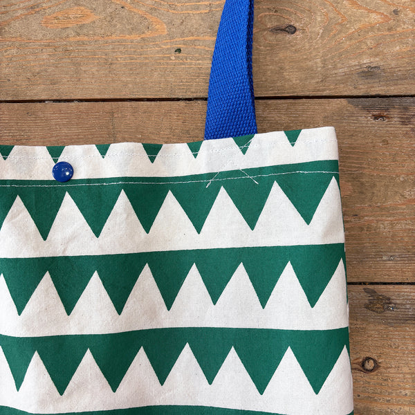 Green triangle hand screen printed tote bag