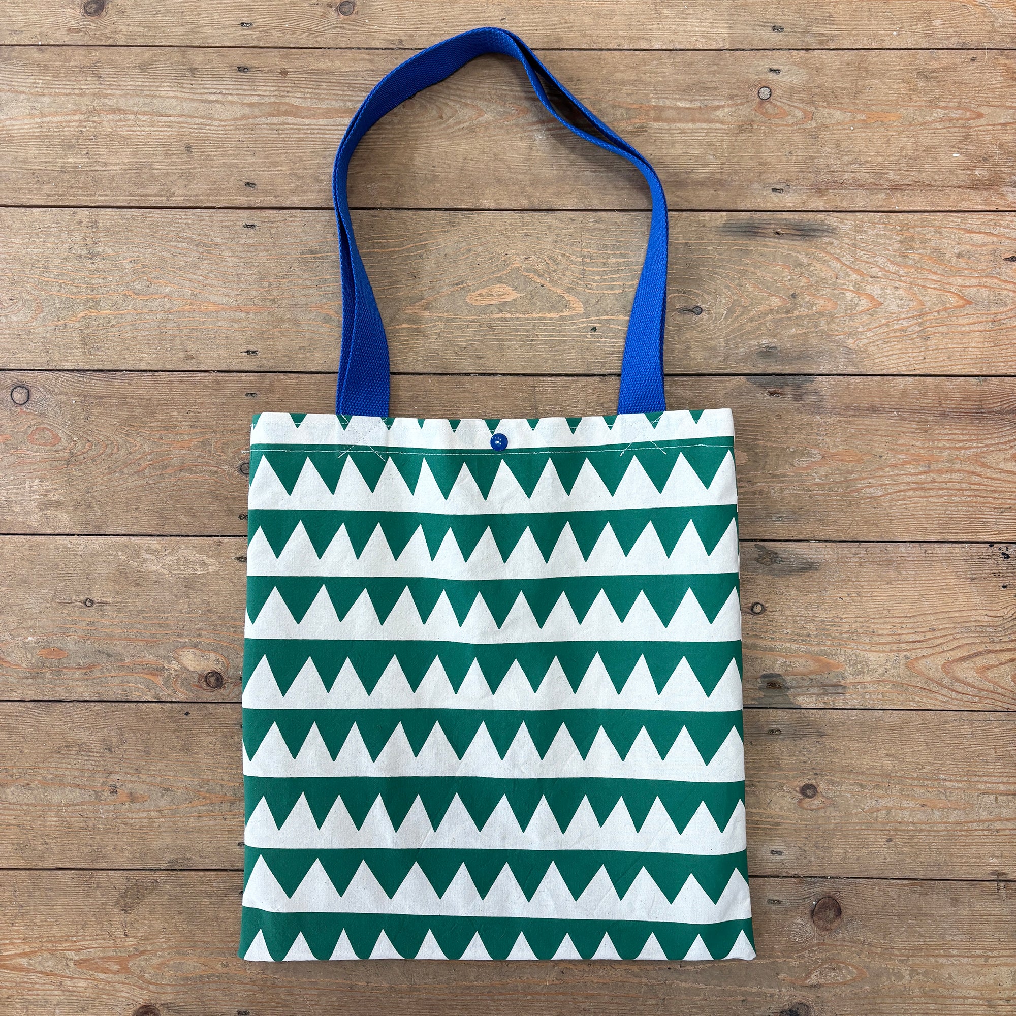 Green triangle hand screen printed tote bag