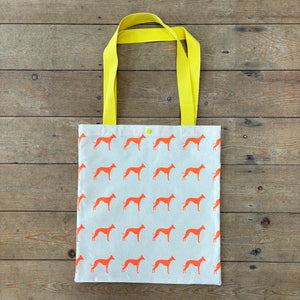 Neon orange whippet hand screen printed tote bag