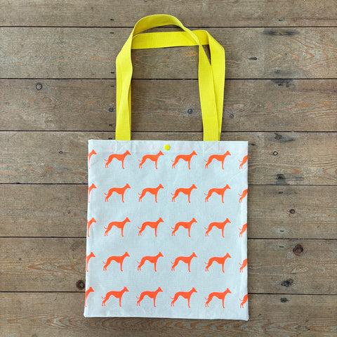 Neon orange whippet hand screen printed tote bag