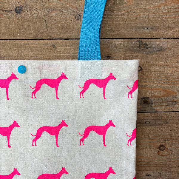 Neon pink whippet hand screen printed tote bag - sky blue straps