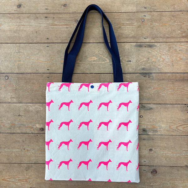 Neon pink whippet hand screen printed tote bag - navy straps