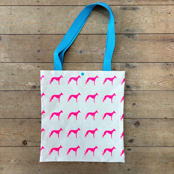 Neon pink whippet hand screen printed tote bag - sky blue straps