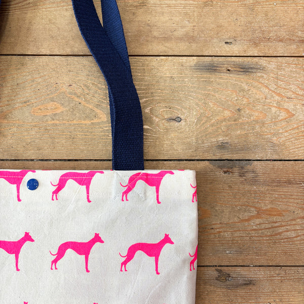 Neon pink whippet hand screen printed tote bag - navy straps