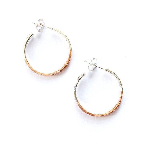 Silver and copper hammered hoop earrings