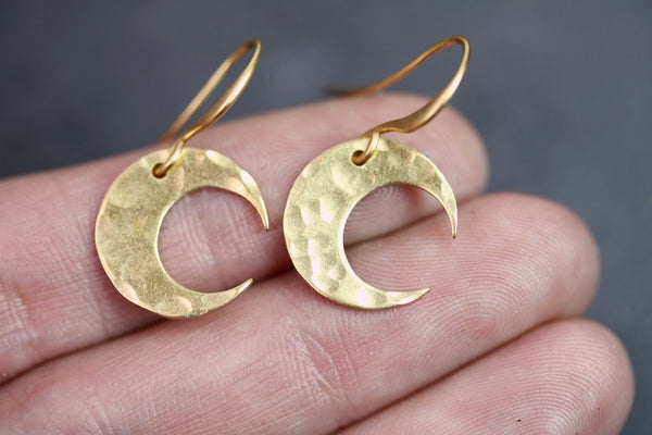 Hammered brass crescent moon earring