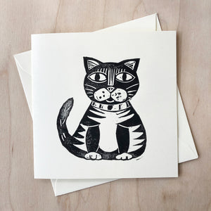 Cat linocut greetings card